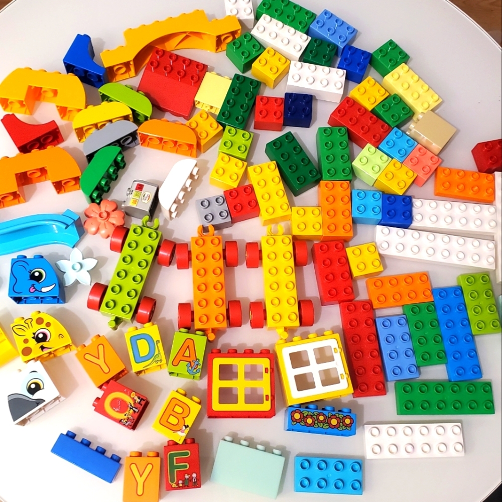 88 piece Lego Duplo Mixed Lot Animals Windows Alphabet Building Blocks Train Car